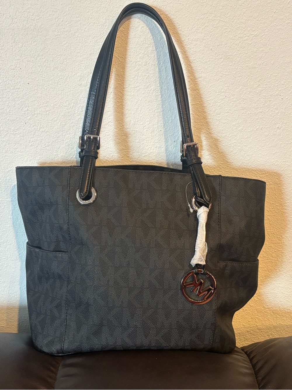 Michael Kors Black MK Logo Tote with Charm